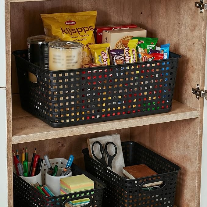 Pack of 4 Plastic Storage Basket,11.4"X9"X4.7" Black Desktop File Paper Letter Organizer Tray,Plastic Baskets for Organizing