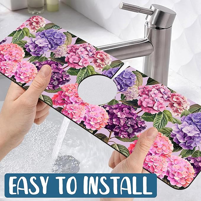 Colorful Hydrangea Sink Splash Guard Faucet Mat Purple Pink Hydrangea Super Absorbent Fast Drying Mat Sink Gadgets-Splash Guard Behind Faucet Drip Catcher for Kitchen Bathroom, 15.5"x5.5"