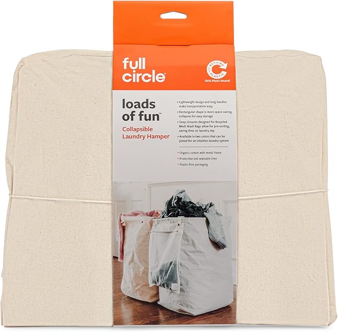Full Circle Loads of Fun Collapsible Hamper – Laundry Basket for Dirty Clothes & Towels– Tall Standing Organic Cotton Laundry Bag with Long Handles - Ideal for Bathroom, Bedroom or Kids’ Room, Natural Large