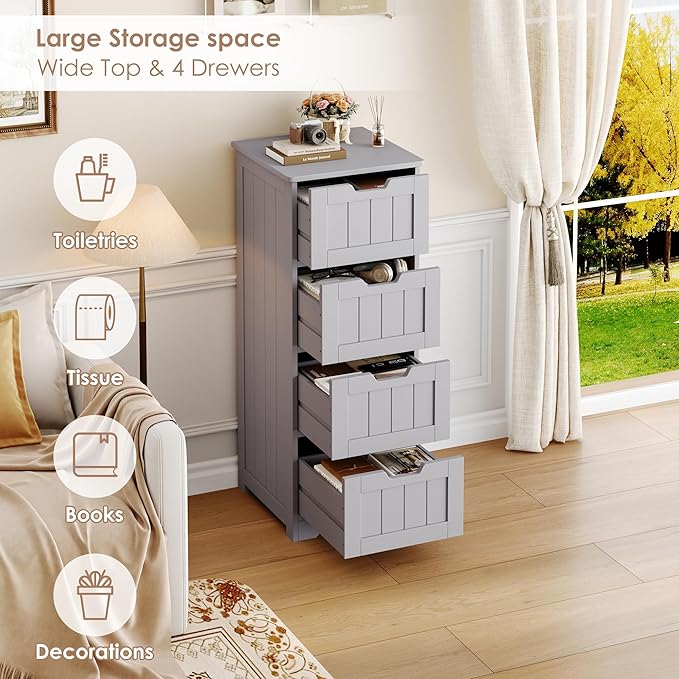 FOTOSOK Bathroom Storage Cabinet, Bathroom Cabinet with 4 Drawers, 11.8” x 11.8” x 32.5” Freestanding Entryway Cupboard Storage Organizer Unit Home Furniture Decor, Grey