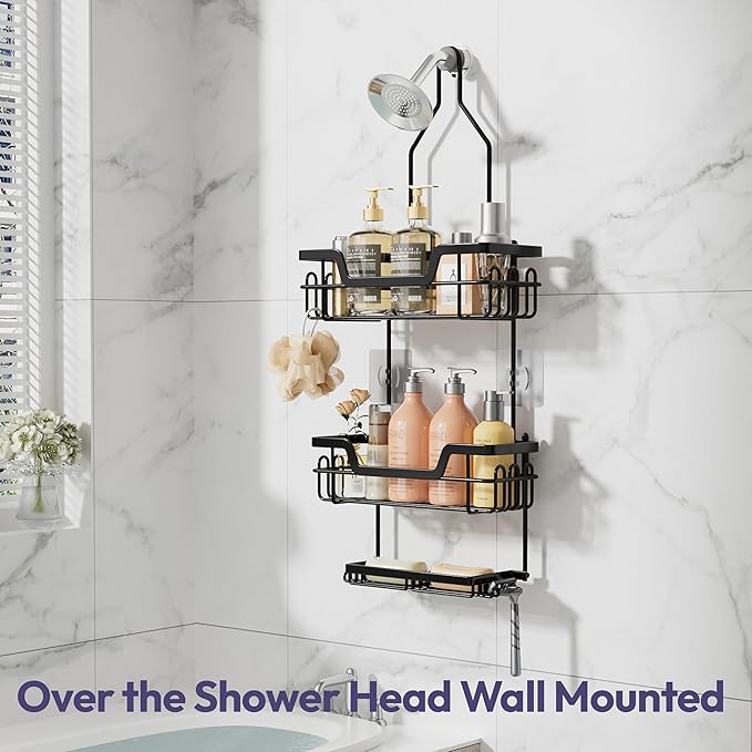 SWTYMIKI Bathroom Shower Caddy Hanging - 3 Tier Rustproof Over Shower Head Organizer, No Drilling Bathroom Shelf with 16 Hooks & Soap Holder, Anti-Swing Rack for Shampoo,Sponge,Towel, Black, Large