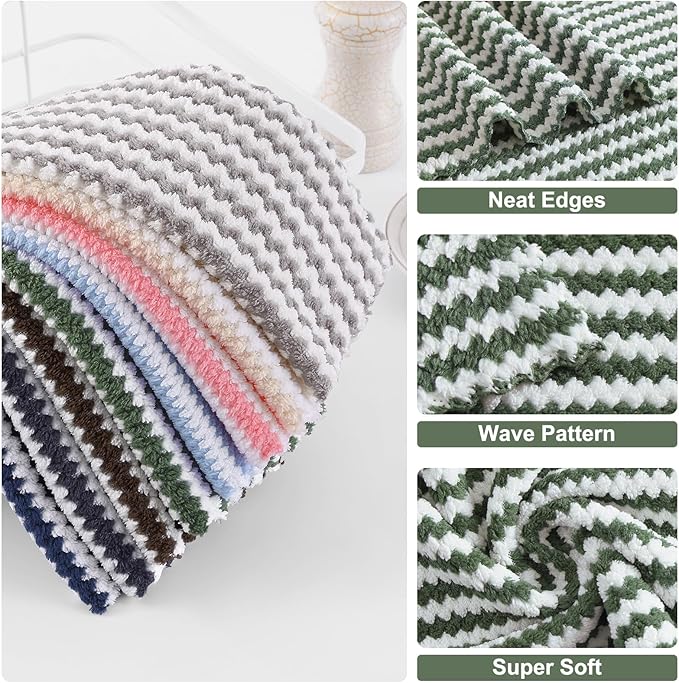 Homaxy 12 Pack Kitchen Dish Cloths, Ultra Soft and Absorbent Dish Towels, Reusable Fast Drying Microfiber Cleaning Cloth, Coral Velvet Wave Design No-lint, 10 x 10 inches, Blue/Pink/Grass Green
