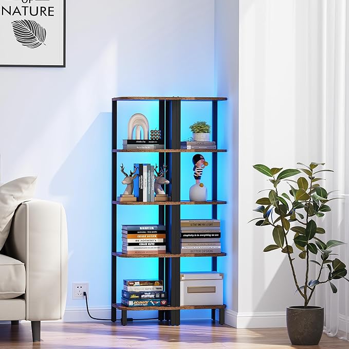TUTOTAK Corner Shelf with LED Light, 5-Tier Corner Bookshelf for Small Space, Narrow Display Corner Shelf Stand with Storage Rack, for Living Room, Bedroom, Rustic Brown BS08BB005L