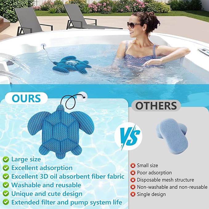 Hot Tub Scum Absorber Turtle, 2PCS Reusable Hot Tub Oil Absorbing Floating Sponges for Spa/Pool, Hot Tub Scum Sponge Accessories to Soak Up Oils & Keep Water Clean