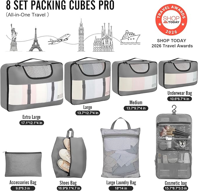 Veken 8 Set Packing Cubes for Travel Essentials, Suitcase Organizer Bags in 4 Sizes, Carry-On Luggage Accessories with Large Laundry & Hanging Toiletry Bag, Must-Have for Airplane, Road Trip & Camping