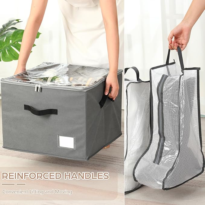 4 Pack Shoe Storage for Closet 26-30 Pairs Foldable Dust Proof Shoe Boot Storage Container Bags for Sneakers Tall Boots Heels Slippers with Clear Cover Reinforced Handles for Home Travel