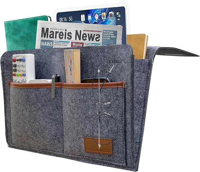 KAKKOII Bedside Caddy, Sofa Caddy, Storage Organizer Pocket for Dorm, Bedroom, 5 Pockets Felt Organizer for Magazine, Remote, Phone, Tablet, Pad, Glasses, Pen, Remote Control (Grey-Short)