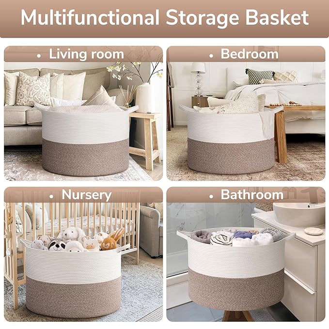 Goodpick 115L Extra Large Blanket Basket, 23.5"x23.5"x15.8" Woven Rope Basket for Storage, Kids Toy Storage for Nusery Room, Mele