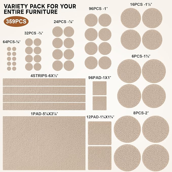 Felt Furniture Pads 359 PCS,Felt Pads for Hardwood Floors, Chair Floor Protectors，Cabinet Door Bumpers，Suitable for Round and Square Chair Legs, Reduce Noise and Protect The Floor (Beige)