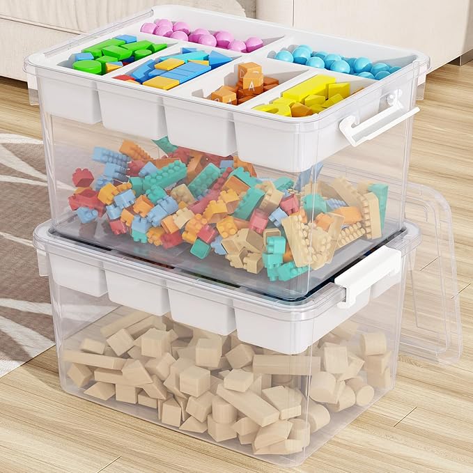 HOMETUK 80Qt Large Stackable Storage Bins with Lids & Trays, Clear Plastic Latching Boxes Organizers with Dividers Portable 20Gal Containers for Arts & Crafts, Home and Car Trunk Organization, 2Pack