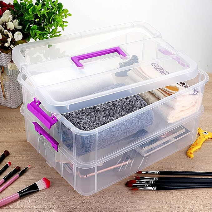 JUXYES 2-Tiers Stack Carry Storage Box With Handle, Transparent Stackable Storage Bin With Handle Lid Latching Storage Container for School & Office Supplies