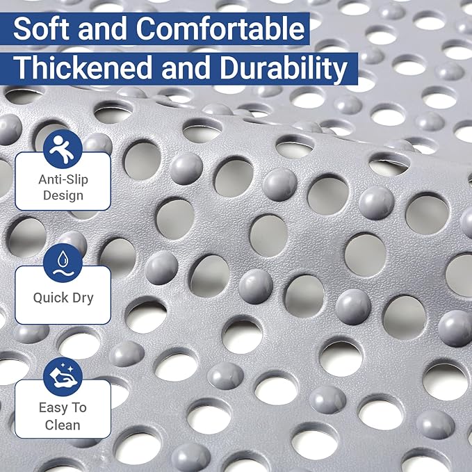 BREELEAM Non Slip Bathtub Mat and Shower Mat 31x17 inch,Bath Mat with Quick Dry Drain Holes and Suction Cups, Soft Comfortable Safe Bathroom Mat for Bath Tub, Floor, Tile (Grey)