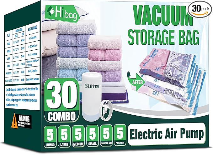 HIBAG Vacuum Storage Bags with Electric Pump, 30 Pack Vacuum Seal Space Saver Bag for Clothes, Clothing, Pillows, Blanket Bedding Comforters