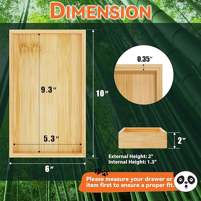 Bamboo Drawer Organizer for Kitchen Utensils, 2 Pack Stackable Bamboo Kitchen Drawer Organizers, Silverware & Utensil Drawer Trays, 10" x 6" x 2" (Outer), 9.3" x 5.3" x 1.3" (Inner)