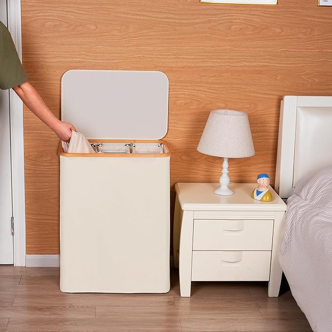 efluky Laundry Hamper with Lid, Trio Laundry Hamper with 3 Removable Bags, 3 Section Laundry Basket with Bamboo Handles for Bathroom, Bedroom & Laundry Room, 160L Beige