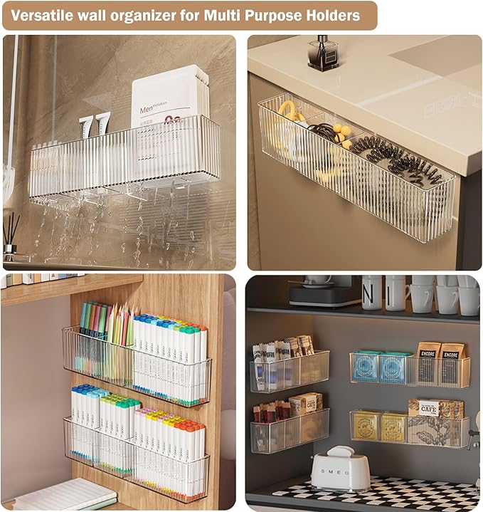 2Pack Floating Bathroom Shelves,Wall Mount Organizer,Long Narrow Clear Cabinet Door Organizer, Acrylic Shelves for Wall,No Drilling, Come With Self Adhesive Tape, for Kitchen, Office Desk