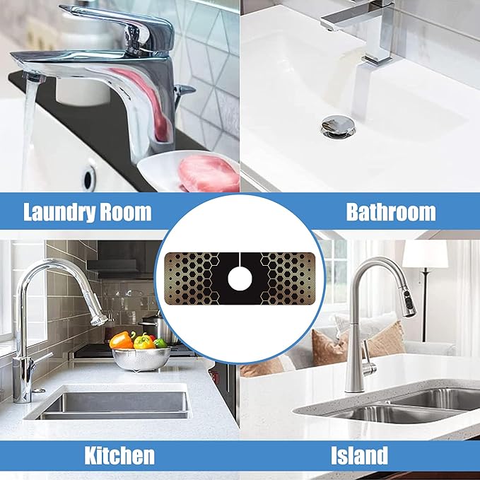 Sink Splash Guard Faucet Mat Black Gold Honeycomb Absorbent Fast Drying Mat Sink Gadgets Splash Guard Behind Faucet Drip Catcher for Kitchen Bathroom 15.5"X5.5"