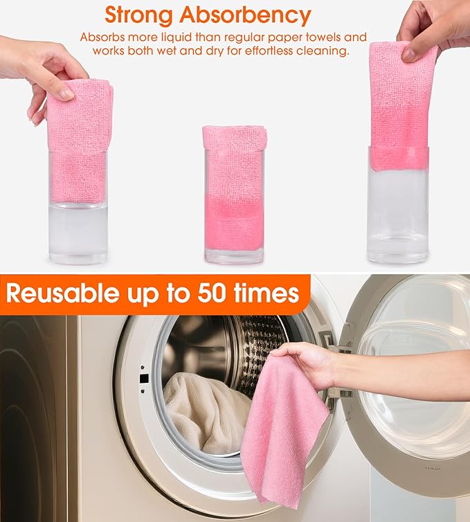CHAUNCEY HOME Microfiber Cleaning Cloth Roll - 100 Pack Tear Away Microfiber Paper Towels, Reusable, Washable, Scratch-Free, Kitchen Towels for Car, Home, Kitchen, Glass, Dishes(Pink)