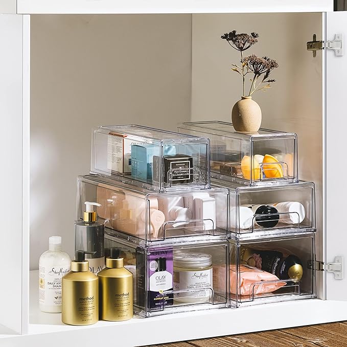 Sorbus Plastic Storage Bins Stackable Clear Pantry Organizer Box Bin for Organizing Kitchen Fridge, Food, Snack Pantry, Fruit, Vegetables, Bathroom, Wide & Narrow Deep (4 Pack)