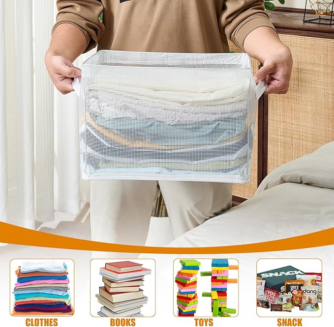 Clear Large Storage Baskets for Shelves, Collapsible Storage Bins with Handles for Clothes, Sheets, Books | Shelf Baskets for Home and Closet Organizer (Clear, 3 Pack)