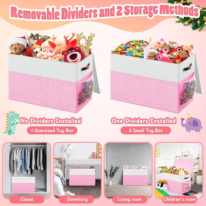 Large Toy Storage Box with Lid Divider, Sturdy Collapsible Toys Organizer Chest Kids Storage Bins Boxes Baskets for Boys, Girls, Nursery, Bedroom, Living Room, Playroom, 25"x13"x16", Pink and White