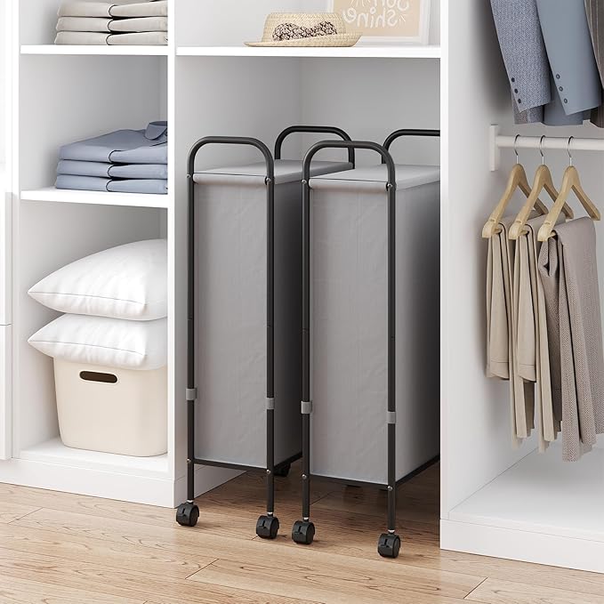 ELYKEN Slim Laundry Hamper with Lid, 50L Small Rolling Laundry Basket on Wheels, 7.9” Narrow Dirty Cloth Cart with Removable Inner Bag for Small Bathroom, Bedroom, Grey