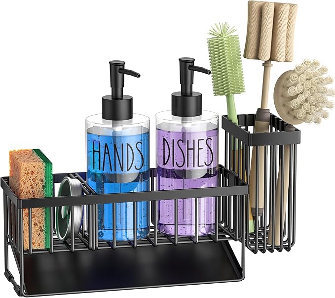 MASADI Kitchen Dish Soap Dispenser Set with Sponge Holder, 12OZ Glass Bottle, Hand and Dish Soap Dispenser Set, Non-Slip Silicone Pad, Brush Holder, Kitchen Sink Organizer Countertop (Black+Clear)