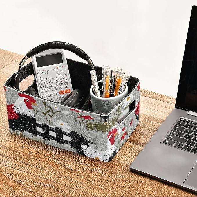 Closet Storage Bins 2 Pcs Felt Open Home Storage Containers Organizer with Handles Collapsible Shelf Basket for Home Office Craft Room Classroom Fabric Grey Chicken and Daisy Flowers