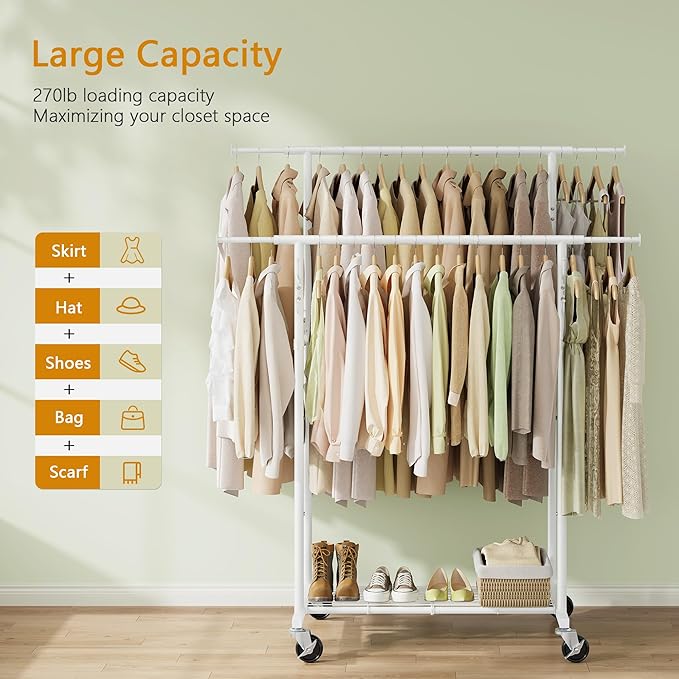 Gewudraw Double Rod Garment Rack, Heavy Duty Rolling Clothes Rack with Wheels For Hanging Clothes, Portable Metal Clothing Rack with Shelves,White, 64.2in Chrome