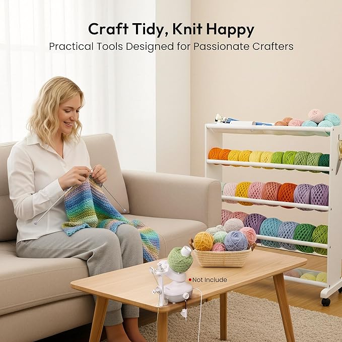 Yarn Storage Organizer, 5 Tier Wooden Cart for Yarn Cake Organize, Mobile Yarn Rack with 4 Rolling Wheels, Side Hooks & Pouch for Knitting Crochet Supplies, Ideal for Craft Room Organization(White)