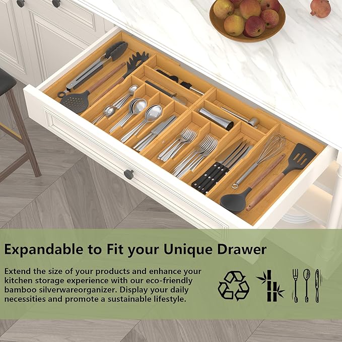 Suli Large Silverware Drawer Organizer，Adjustable Kitchen Flatware for Forks Knives and Spoons， Bamboo Cutlery Utensil Holder,Expandable from 22in-37in，Natural Bamboo
