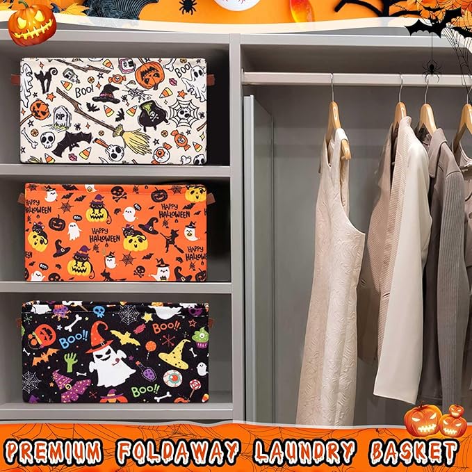 Boao 3 Pack Halloween Ghost Basket with Handles Collapsible Large Canvas Storage Baskets Boo Spooky Skull Pumpkin Cat Foldable Storage Bins Organizer Bins for Trick or Treat Gifts Bedroom Home Office