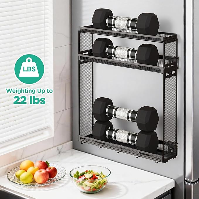 Docnest 3 Tier Wall Mounted Spice Rack with 9 Hooks-2 Installation Ways (Screw/Adhesive), Space-Saving Metal Spice Shelf for Jars & Seasonings, Hanging Organizer for Kitchen, Pantry, Home Decor, Black