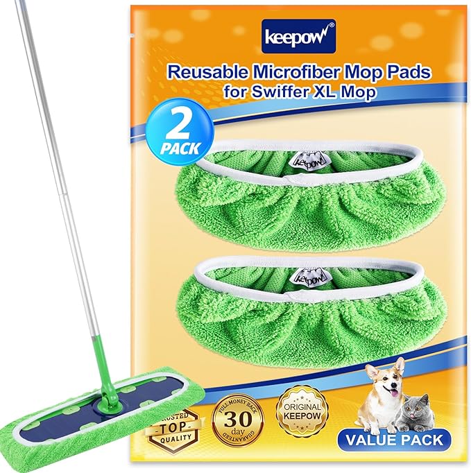 KEEPOW Reusable Mop Refill Pads Replacement Compatible with Swiffer Heavy Duty Wet Mopping Cloths, XL Wet Pads, Dry Sweeping Cloths for Hardwood Floor Cleaning, 2 Pack