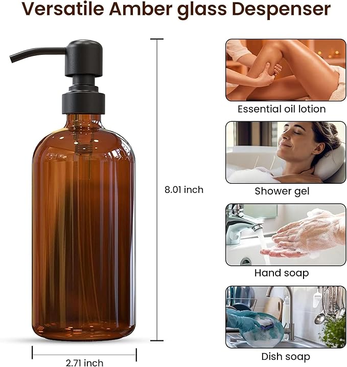 4 Pack Amber Glass Soap Dispenser 16 OZ with Matte Black Stainless Steel Pump, Hand and Dish Soap Dispenser Set for Bathroom and Kitchen Sink with 12 Waterproof Labels