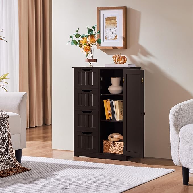 Yaheetech Wooden Bathroom Floor Cabinet, Side Storage Organizer Cabinet with 4 Drawers and 1 Cupboard, Freestanding Entryway Storage Unit Console Table, Home Decor Furniture, Brown