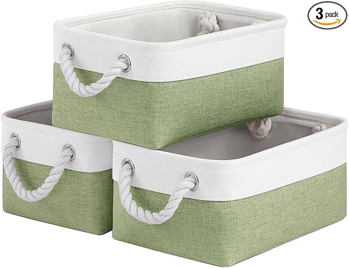 Storage Baskets for Shelves 11.8x7.9x5.2 Inch, Foldable Fabric Storage Bins with Handles, Small Storage Baskets for Organizing Closet, Office, Home Organization (3-Pack, White&Green)