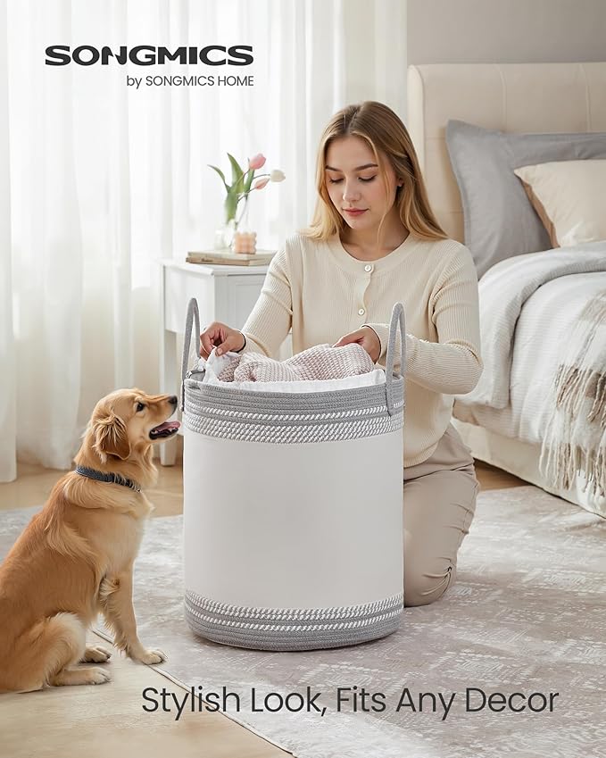 SONGMICS Laundry Hamper, Cotton Rope Laundry Basket with Handles, for Clothing, Living Room, Bedroom, 15.8 Gallons, 16.1 x 16.1 x 18.1 Inches, Cloud White and Dove Gray URLH060G01