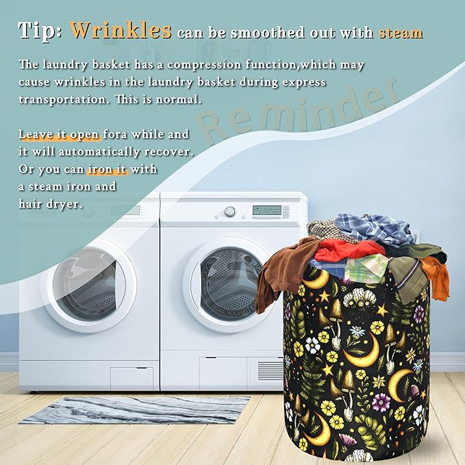 Cute Mushroom Laundry Basket Foldable Retro Moon Mushrooms Laundry Hamper Oxford Cloth Colorful Tote Bag Clothes Toy Storage Bucket For Bathroom/Laundry Storage/Bedroom 18.9 x 16.5 Inch