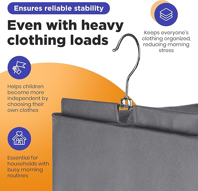 Handy Laundry Hanging Clothes Organizer for Kids - 6-Shelf Closet Daily Clothing Organization Labeled Shelves with Days of The Week Monday Through Friday, Weekday and Weekend (Grey)