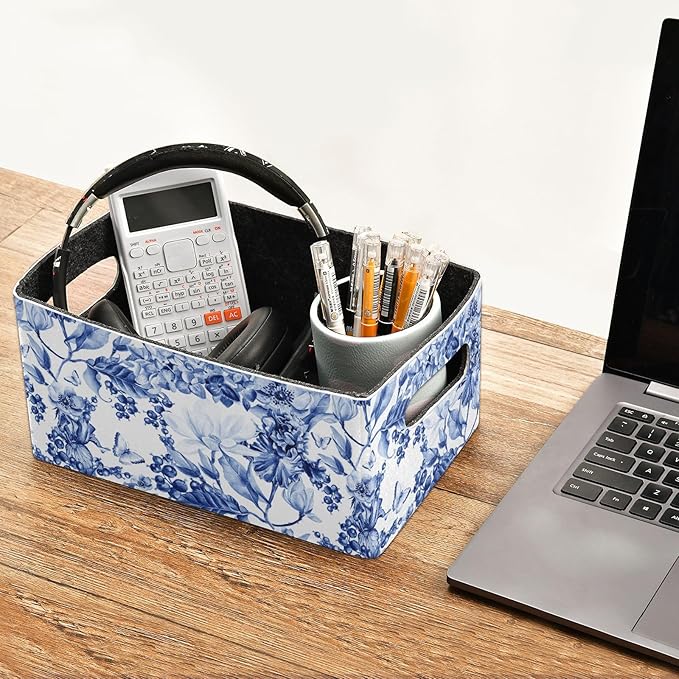 Closet Storage Bins 2 Pack Felt Open Home Containers Organizer with Handles Collapsible Shelf Basket for Office Craft Room Classroom Fabric Basket Storage Blue and White Flower Butterfly