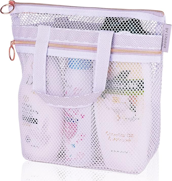 Mesh Shower Bag 10.2x9.9'' Quick-Dry Caddy with Zipper & 2 Pockets. Portable Toiletry Tote for Bathroom, Gym, Travel, Camp, Beach, for Sunscreen, Dorm & College Essentials (Light Gray)