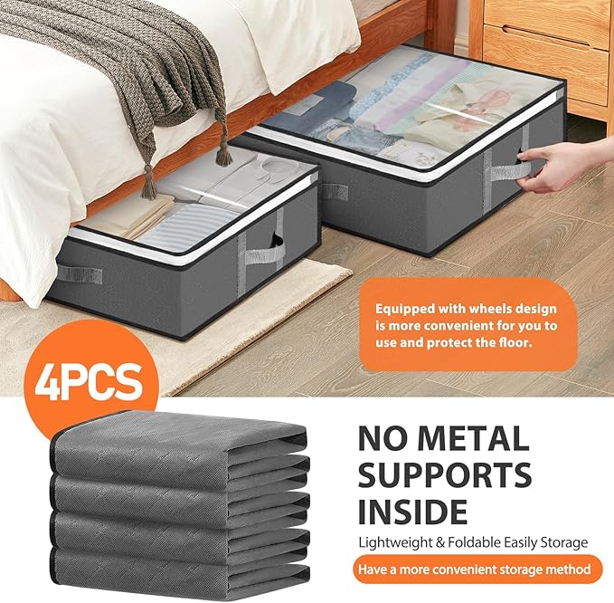 4 Pack Under Bed Storage Containers with Window and Handles, 5 Pack Vacuum Storage Bags for Clothes Comforters Blankets, Save Space