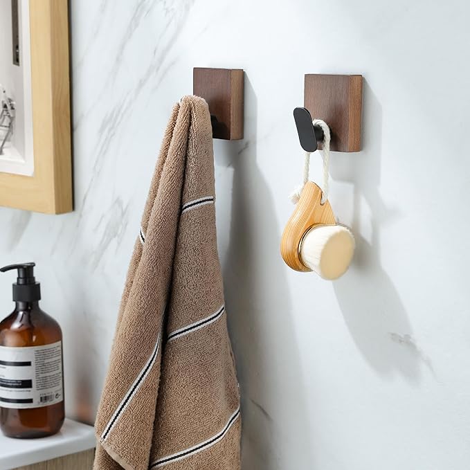 DELITON Adhesive Towel Hooks,Wall Hooks for bathrooms Without Drilling, Wood Wall Hooks for Hanging Robe, Towel, Bag Stick on Farmhouse Bathroom Bedroom Entryway 4 Packs Burned Brown