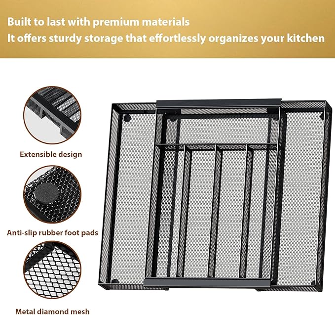 Silverware Organizer Metal Mesh, Drawer Organizer, Utensil Cutlery Tray for kitchen drawers,Expandable Flatware Organizer with 7 Compartment Black 9.6"~16.1" x 13.8"