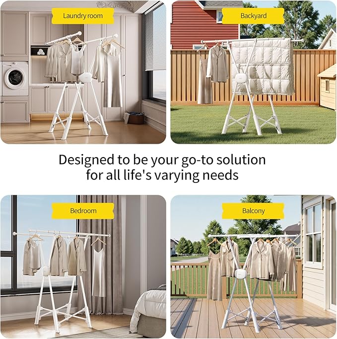 BIREN Clothes Drying Rack Heavy Duty Clothing Racks Foldable Laundry Rack Two Drying Modes Garment Racks for Drying Clothes, Adjustable Length from 32-55 Inches for Indoor Outdoor Use