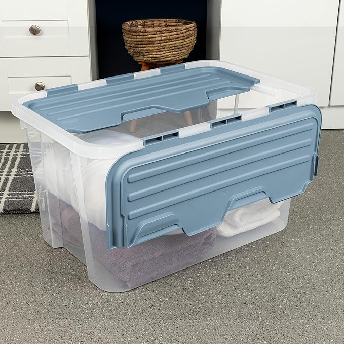 Sterilite 6 Pack Hinged Lid Storage Box, 60 Qt Plastic Container, Washed Blue - Home Organizer Tote for Storing Shoes, Crafts, Clothing, or Decor