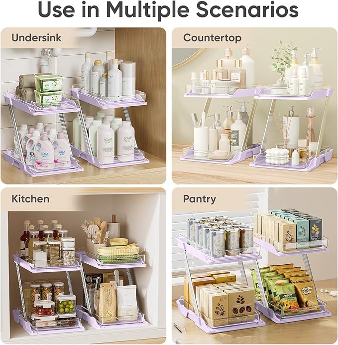 3 Pack Bathroom Organizers and Storage - Multi-Purpose,2-Tier Clear Pull Out Organization for Bathroom,Under Sink,Kitchen,Vanity,Countertop,Cabinet,Pantry & Medicine Cabinet,Pink