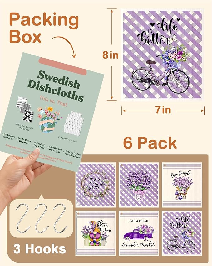 Kitchen Swedish Dishcloths with Hooks - 6 Pack Reusable Dish Cloths for Washing Dishes Fast Drying Cute Fun Swedish Dish Towels Washable Cleaning Sponge, Bicycle Lavender