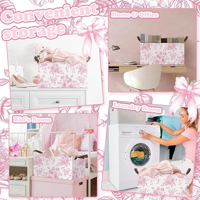 Boao 3 Pcs Pink Floral Foldable Storage Baskets Pink Hydrangea Laundry Basket with Handles Waterproof Storage Bins Fabric Shelf Baskets for Organizing Closet Clothes
